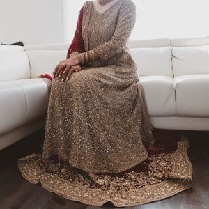 Royal Maroon and Taupe Indian Pakistani Bridal Lehenga Kameez